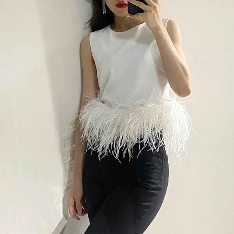 Women's Ostrich Feather Top Fur Trim Tassel Vest Sleeveless Waistcoat Summer T-shirt