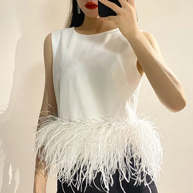 Women's Ostrich Feather Top Fur Trim Tassel Vest Sleeveless Waistcoat Summer T-shirt