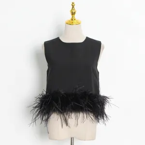 Women's Ostrich Feather Top Fur Trim Tassel Vest Sleeveless Waistcoat Summer T-shirt