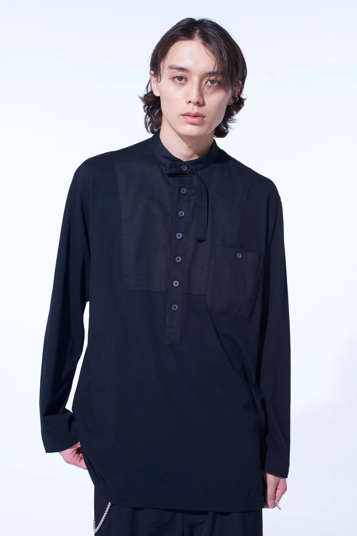 WOVEN AND JERSEY COMBINATIONS STAND COLLAR HENLEY NECK PULLOVER