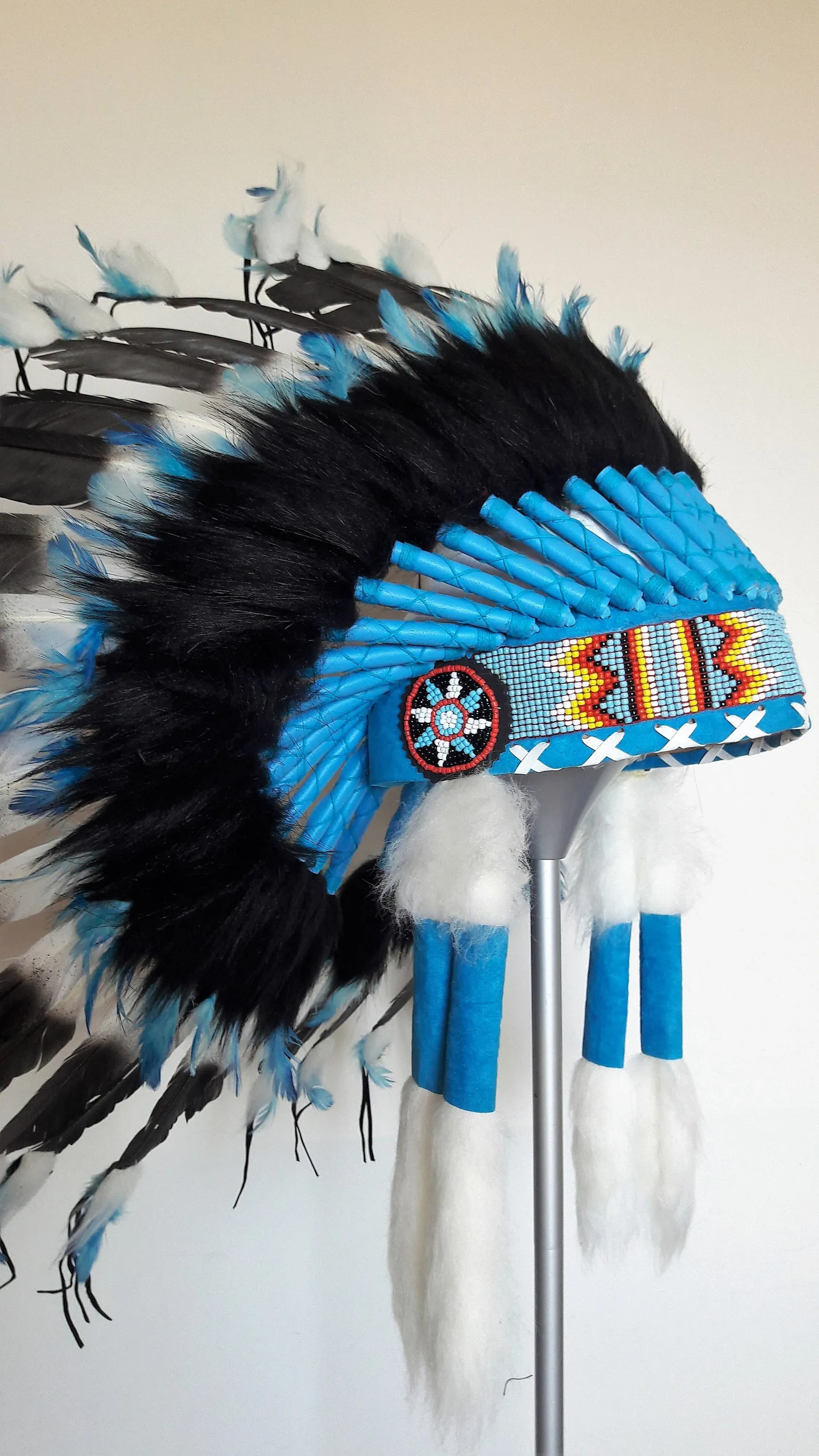 X45 -  Indian Style Feather Headdress /black and blue warbonnet  (30 inch / 75 cm)