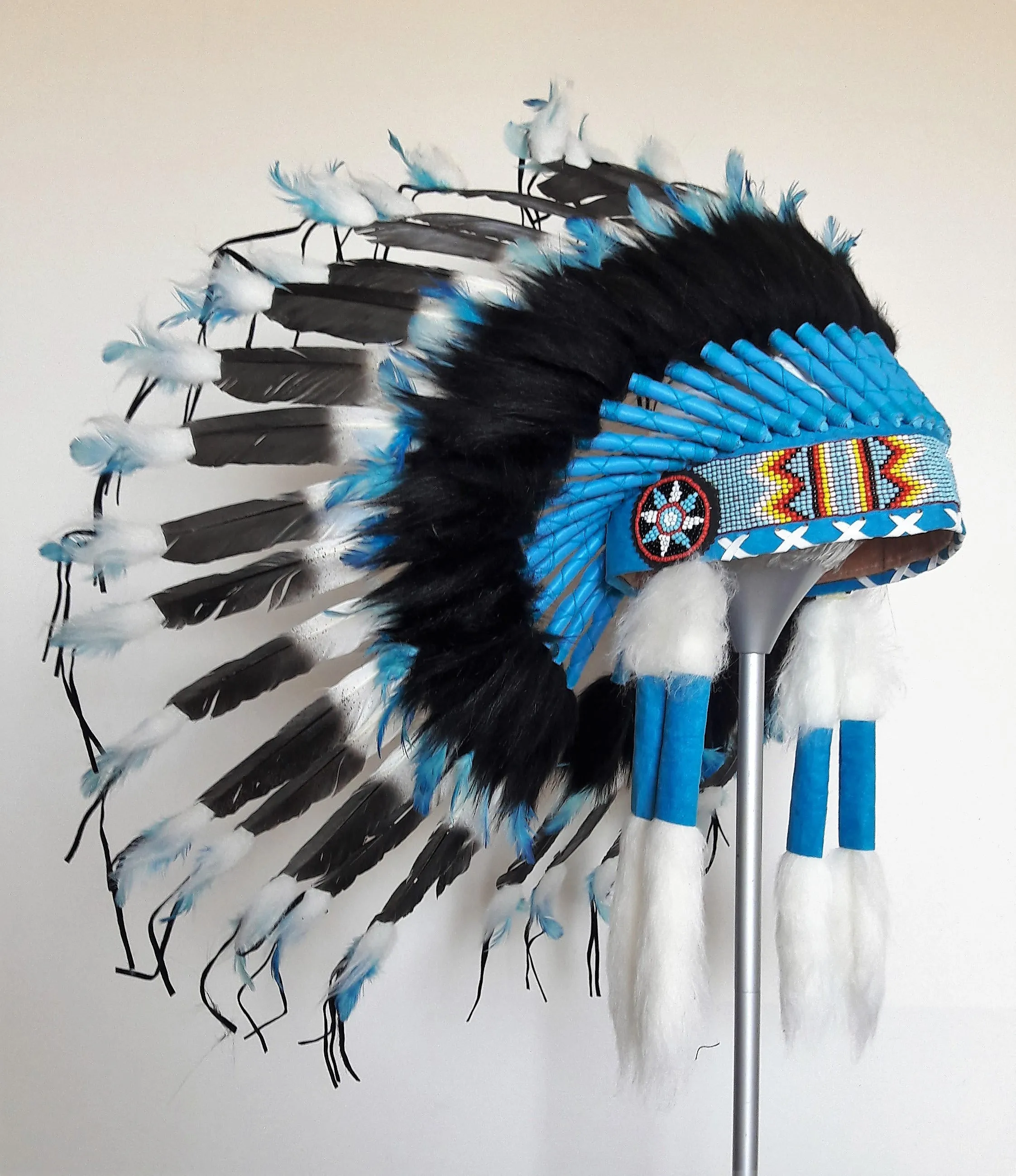 X45 -  Indian Style Feather Headdress /black and blue warbonnet  (30 inch / 75 cm)