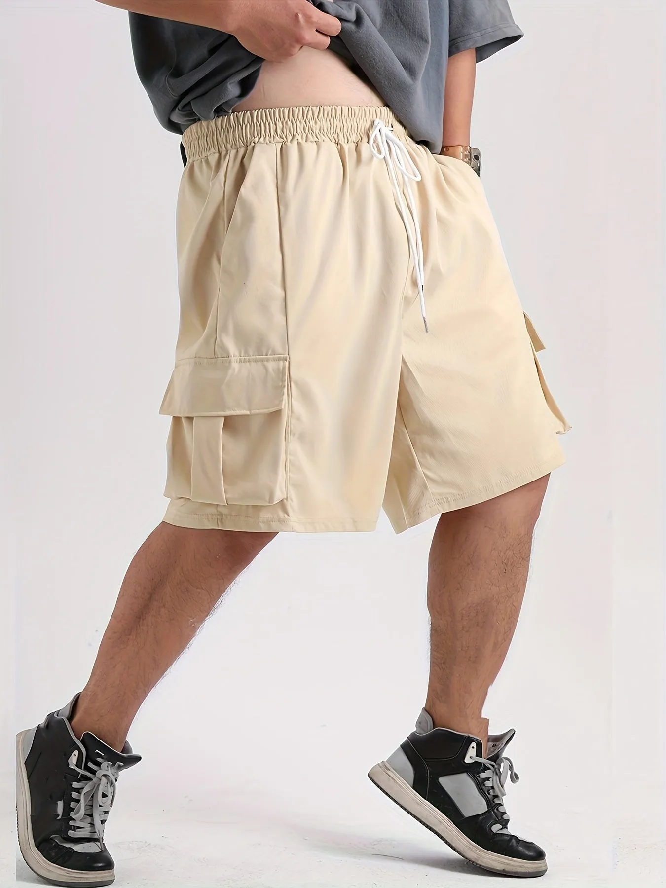 xieyinshe  Plus Size Men's Classic Solid Cargo Shorts, Drawstring Multi-pocket Short Pants For Outdoor Activities