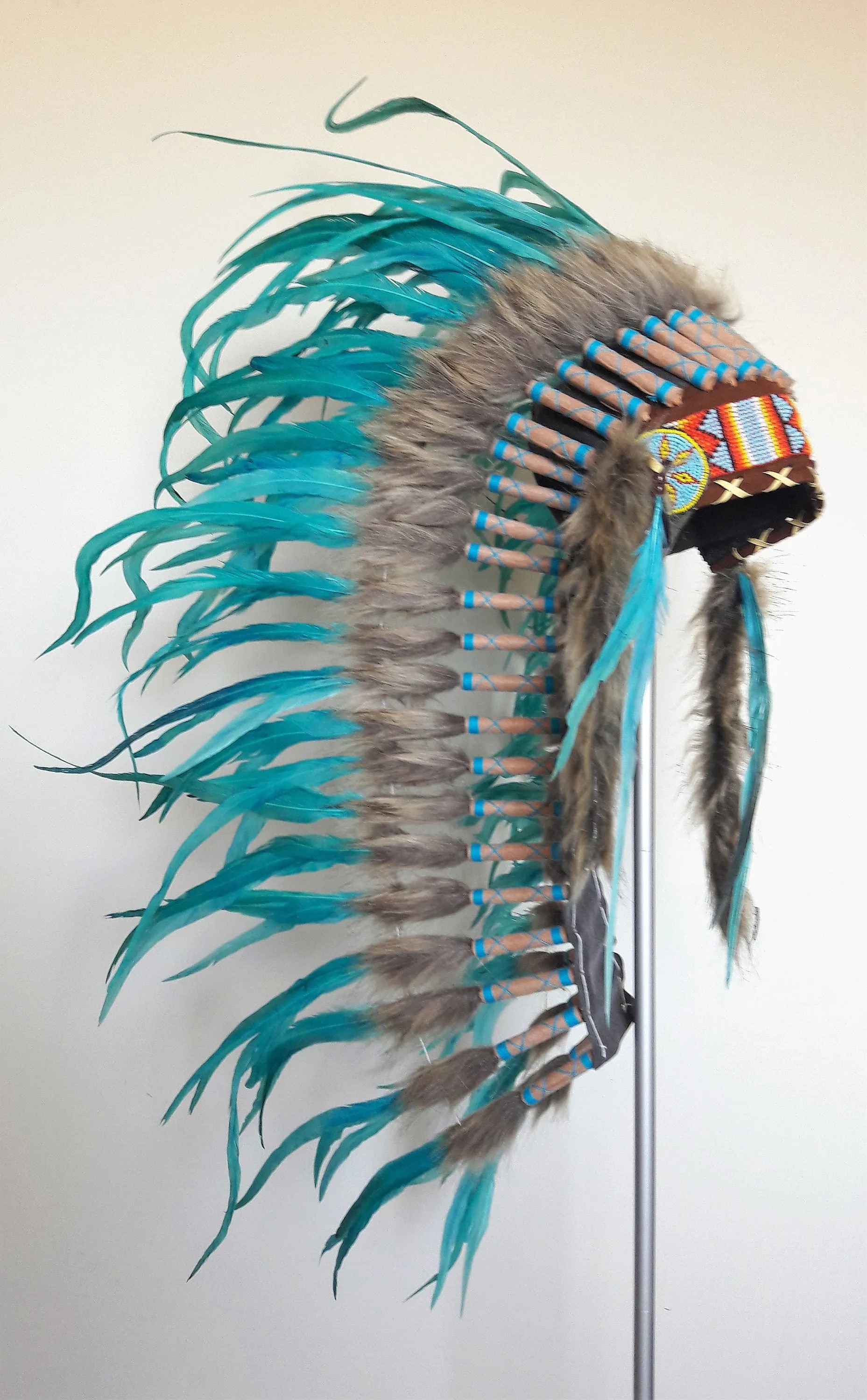 Y34 - PRICE REDUCED Medium Indian Style  Turquoise Feather Headdress (36 inch long ).
