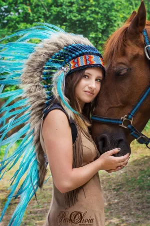 Y34 - PRICE REDUCED Medium Indian Style  Turquoise Feather Headdress (36 inch long ).