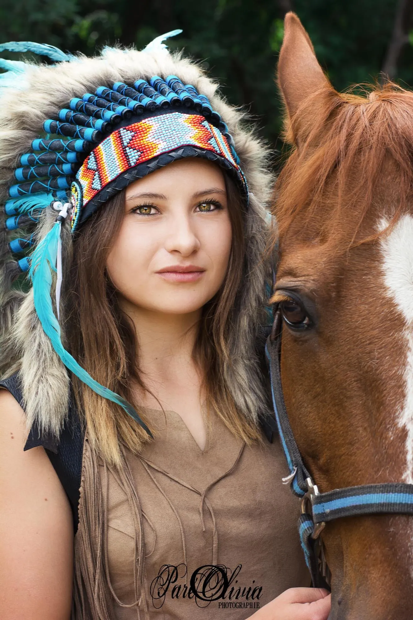 Y34 - PRICE REDUCED Medium Indian Style  Turquoise Feather Headdress (36 inch long ).